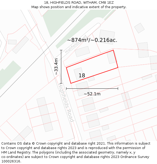 18, HIGHFIELDS ROAD, WITHAM, CM8 1EZ: Plot and title map