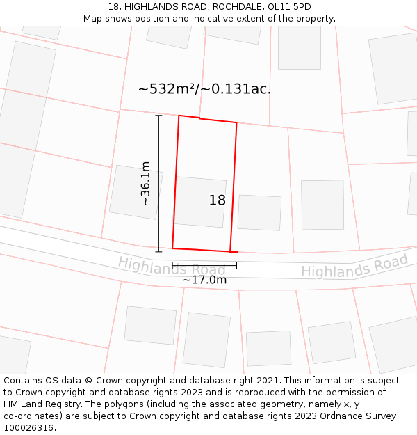 18, HIGHLANDS ROAD, ROCHDALE, OL11 5PD: Plot and title map