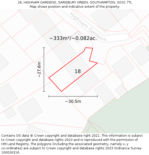 18, HIGHNAM GARDENS, SARISBURY GREEN, SOUTHAMPTON, SO31 7TL: Plot and title map