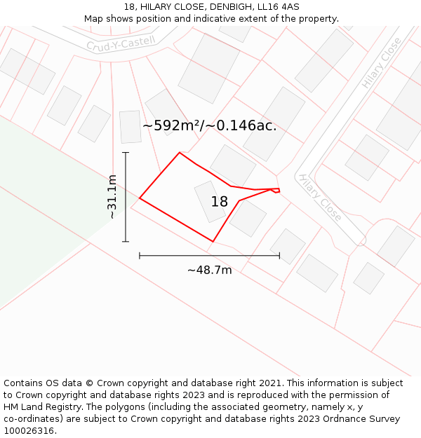 18, HILARY CLOSE, DENBIGH, LL16 4AS: Plot and title map