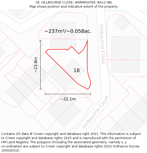 18, HILLBOURNE CLOSE, WARMINSTER, BA12 0BL: Plot and title map