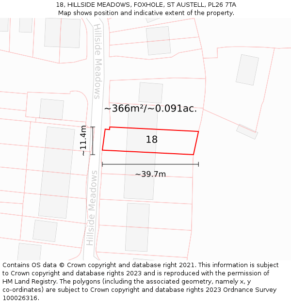 18, HILLSIDE MEADOWS, FOXHOLE, ST AUSTELL, PL26 7TA: Plot and title map