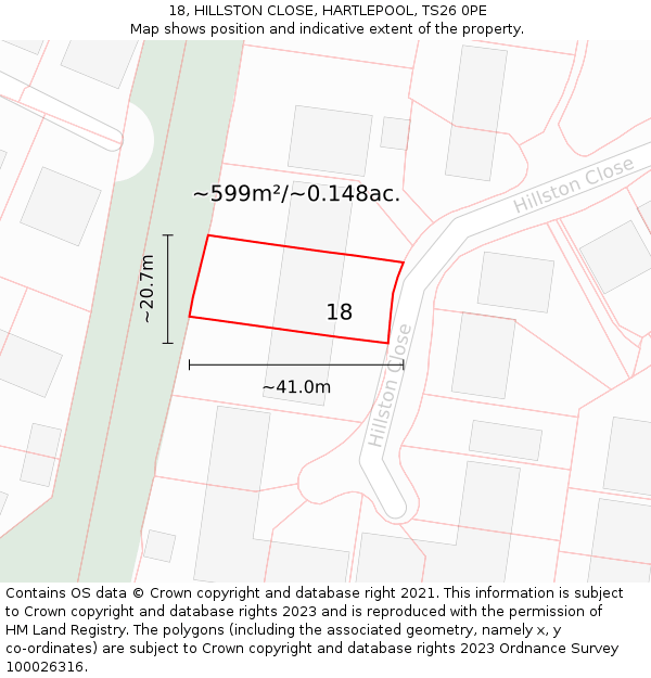 18, HILLSTON CLOSE, HARTLEPOOL, TS26 0PE: Plot and title map