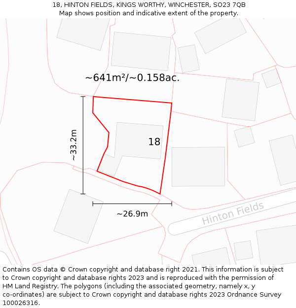 18, HINTON FIELDS, KINGS WORTHY, WINCHESTER, SO23 7QB: Plot and title map