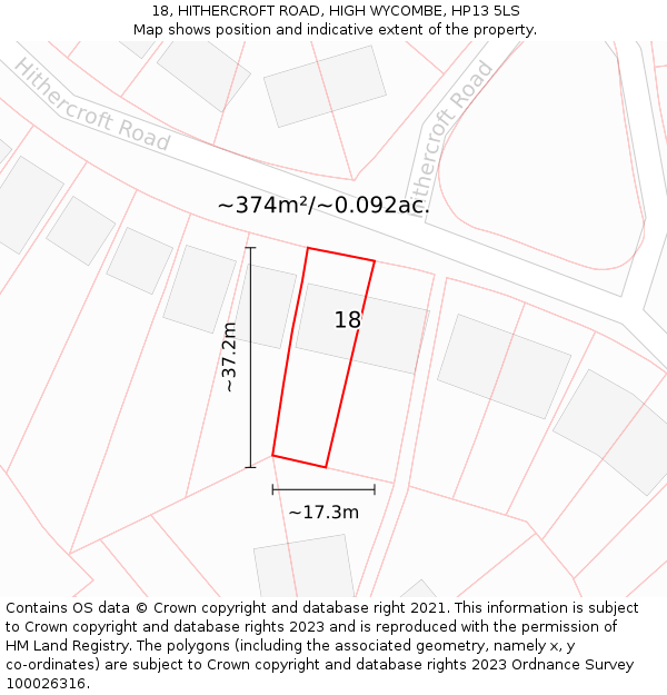 18, HITHERCROFT ROAD, HIGH WYCOMBE, HP13 5LS: Plot and title map