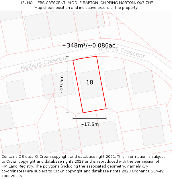 18, HOLLIERS CRESCENT, MIDDLE BARTON, CHIPPING NORTON, OX7 7HE: Plot and title map