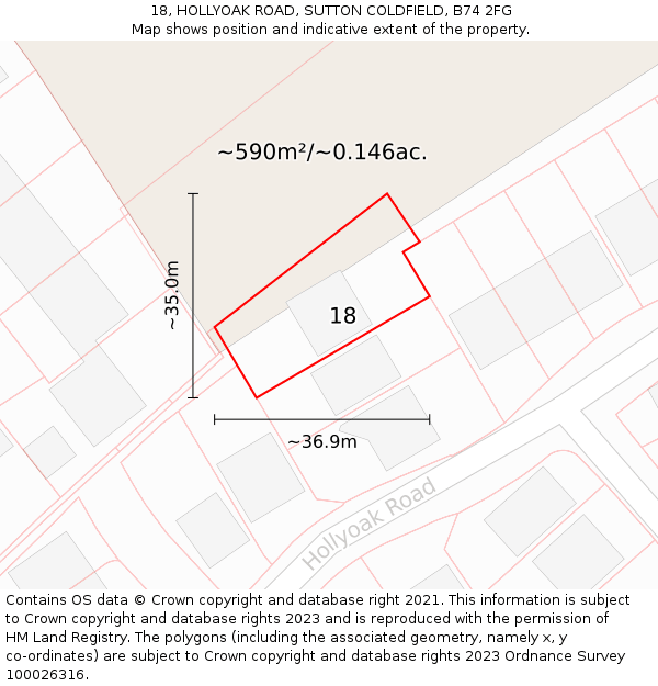 18, HOLLYOAK ROAD, SUTTON COLDFIELD, B74 2FG: Plot and title map