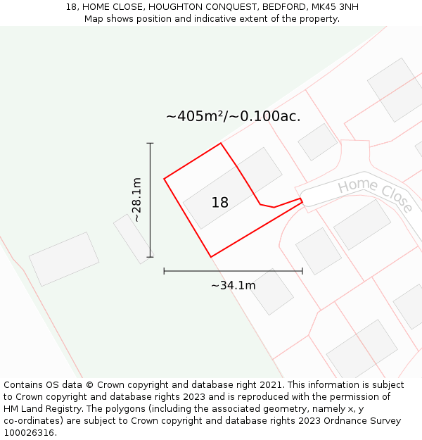 18, HOME CLOSE, HOUGHTON CONQUEST, BEDFORD, MK45 3NH: Plot and title map