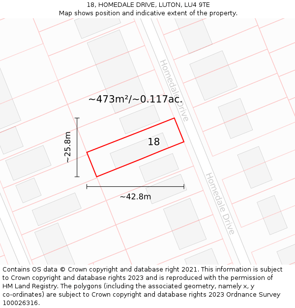 18, HOMEDALE DRIVE, LUTON, LU4 9TE: Plot and title map