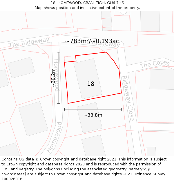 18, HOMEWOOD, CRANLEIGH, GU6 7HS: Plot and title map