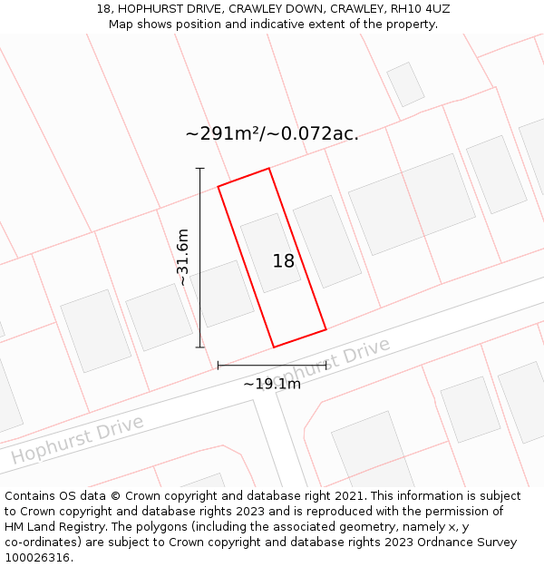 18, HOPHURST DRIVE, CRAWLEY DOWN, CRAWLEY, RH10 4UZ: Plot and title map