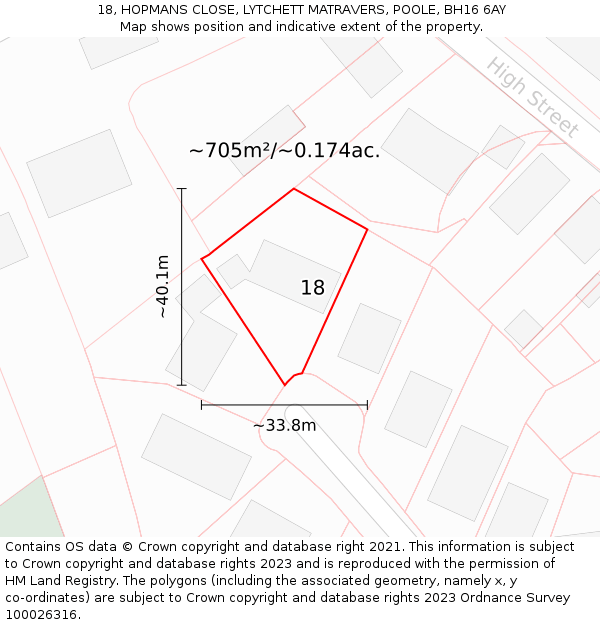 18, HOPMANS CLOSE, LYTCHETT MATRAVERS, POOLE, BH16 6AY: Plot and title map