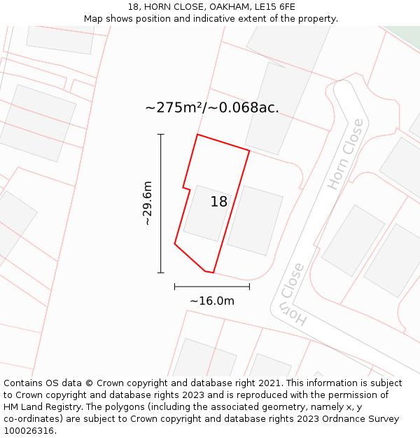 18, HORN CLOSE, OAKHAM, LE15 6FE: Plot and title map