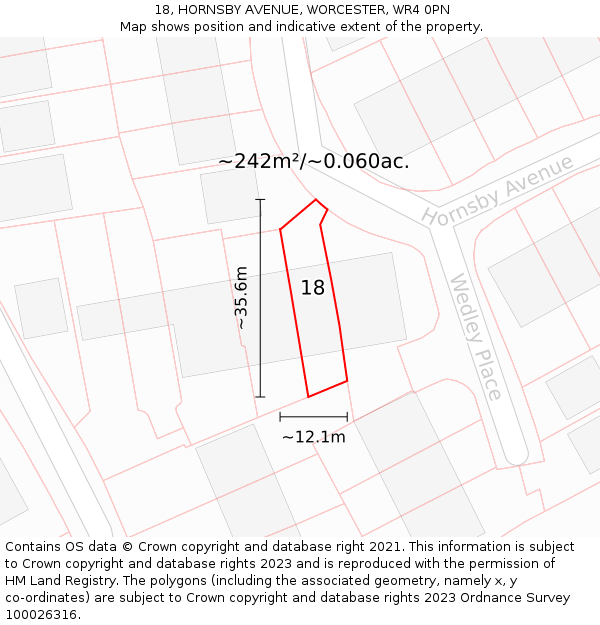 18, HORNSBY AVENUE, WORCESTER, WR4 0PN: Plot and title map
