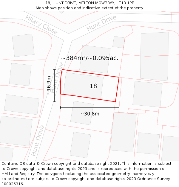 18, HUNT DRIVE, MELTON MOWBRAY, LE13 1PB: Plot and title map