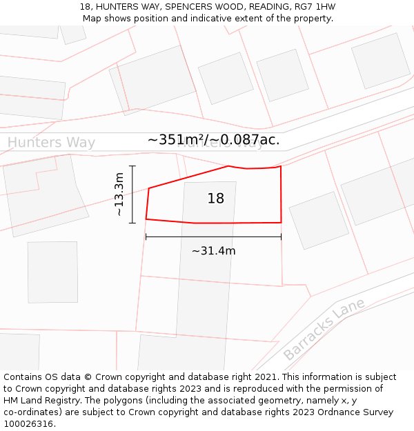 18, HUNTERS WAY, SPENCERS WOOD, READING, RG7 1HW: Plot and title map