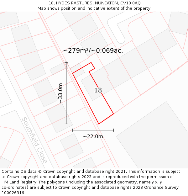 18, HYDES PASTURES, NUNEATON, CV10 0AQ: Plot and title map