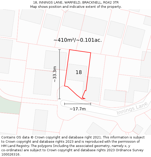 18, INNINGS LANE, WARFIELD, BRACKNELL, RG42 3TR: Plot and title map