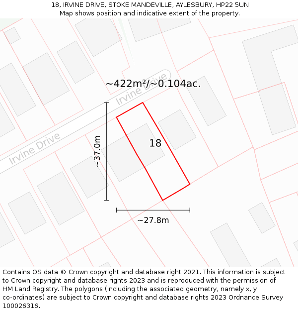 18, IRVINE DRIVE, STOKE MANDEVILLE, AYLESBURY, HP22 5UN: Plot and title map