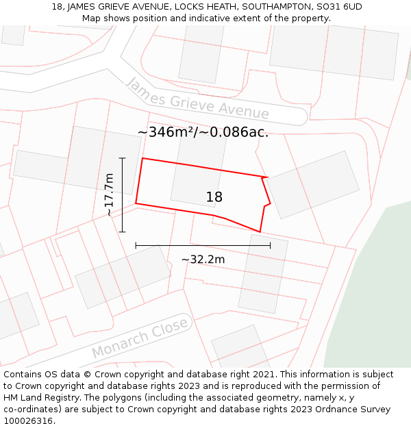 18, JAMES GRIEVE AVENUE, LOCKS HEATH, SOUTHAMPTON, SO31 6UD: Plot and title map