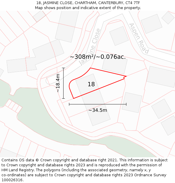 18, JASMINE CLOSE, CHARTHAM, CANTERBURY, CT4 7TF: Plot and title map