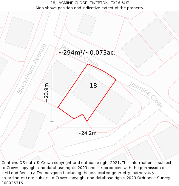 18, JASMINE CLOSE, TIVERTON, EX16 6UB: Plot and title map