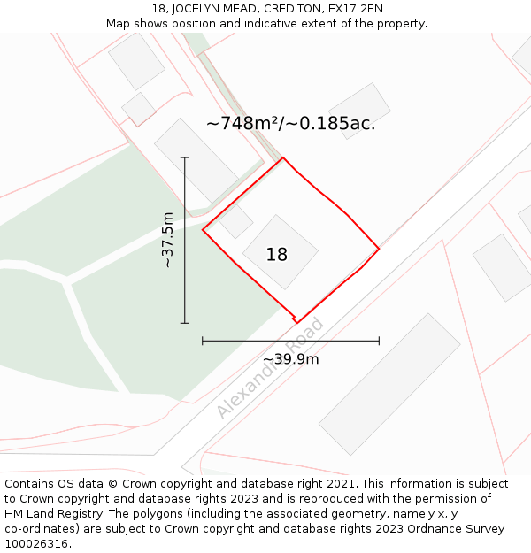 18, JOCELYN MEAD, CREDITON, EX17 2EN: Plot and title map