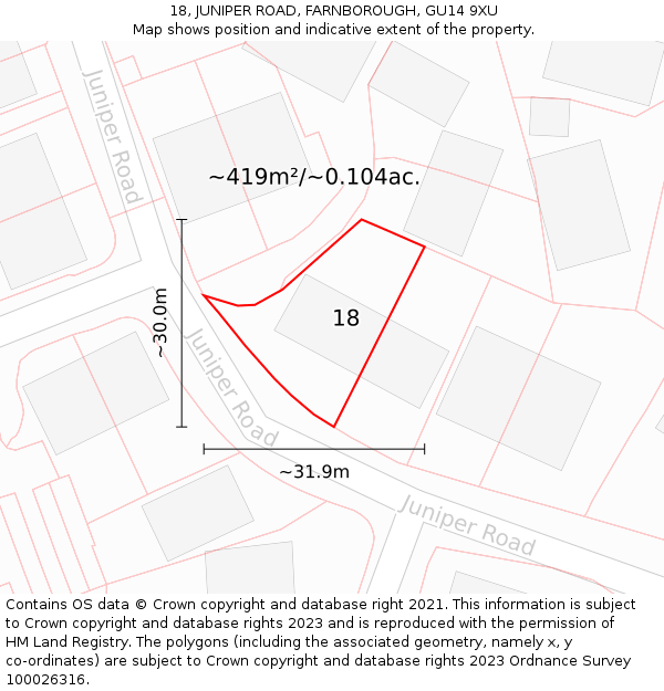 18, JUNIPER ROAD, FARNBOROUGH, GU14 9XU: Plot and title map