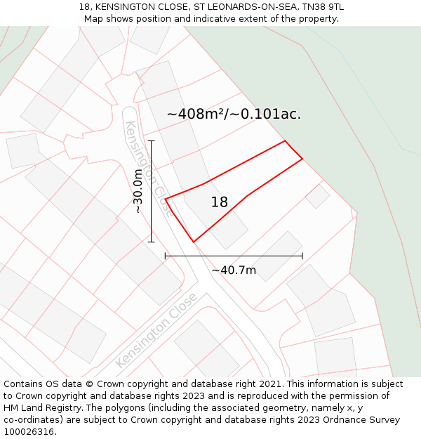 18, KENSINGTON CLOSE, ST LEONARDS-ON-SEA, TN38 9TL: Plot and title map