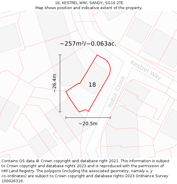 18, KESTREL WAY, SANDY, SG19 2TE: Plot and title map