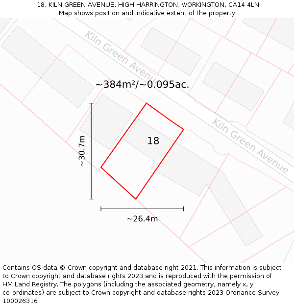 18, KILN GREEN AVENUE, HIGH HARRINGTON, WORKINGTON, CA14 4LN: Plot and title map