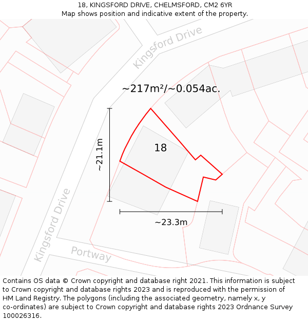 18, KINGSFORD DRIVE, CHELMSFORD, CM2 6YR: Plot and title map