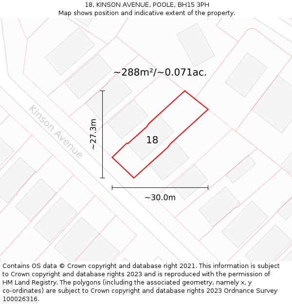 18, KINSON AVENUE, POOLE, BH15 3PH: Plot and title map