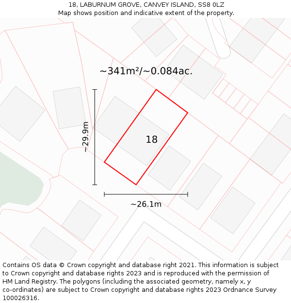 18, LABURNUM GROVE, CANVEY ISLAND, SS8 0LZ: Plot and title map