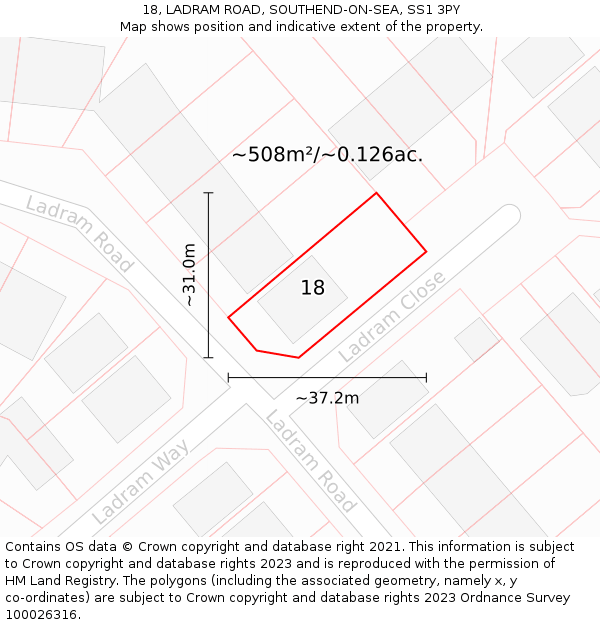 18, LADRAM ROAD, SOUTHEND-ON-SEA, SS1 3PY: Plot and title map