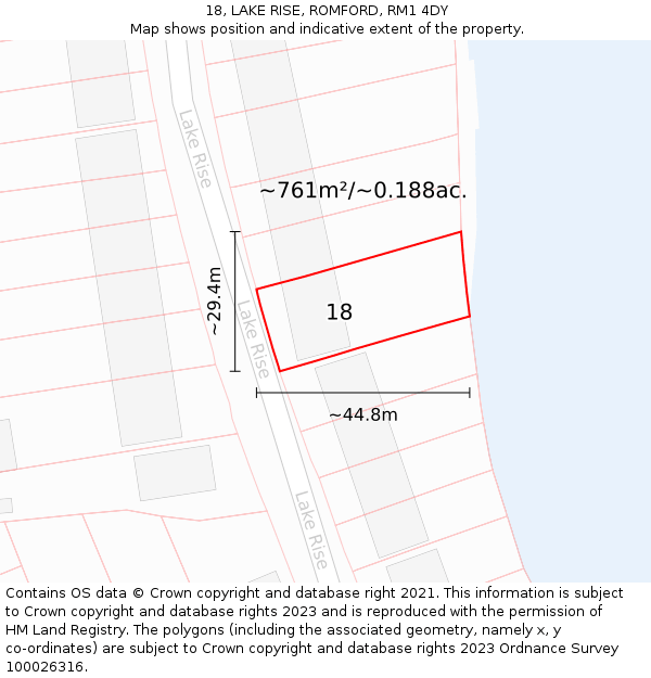 18, LAKE RISE, ROMFORD, RM1 4DY: Plot and title map