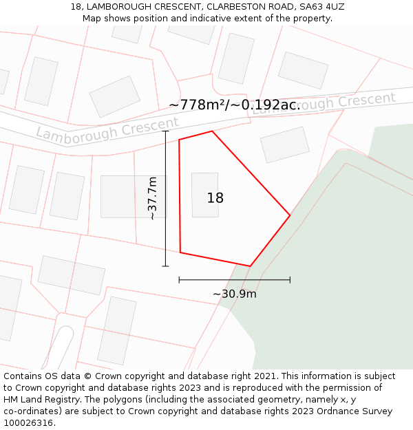 18, LAMBOROUGH CRESCENT, CLARBESTON ROAD, SA63 4UZ: Plot and title map