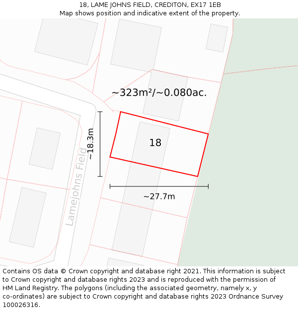 18, LAME JOHNS FIELD, CREDITON, EX17 1EB: Plot and title map