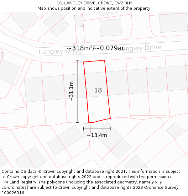 18, LANGLEY DRIVE, CREWE, CW2 8LN: Plot and title map