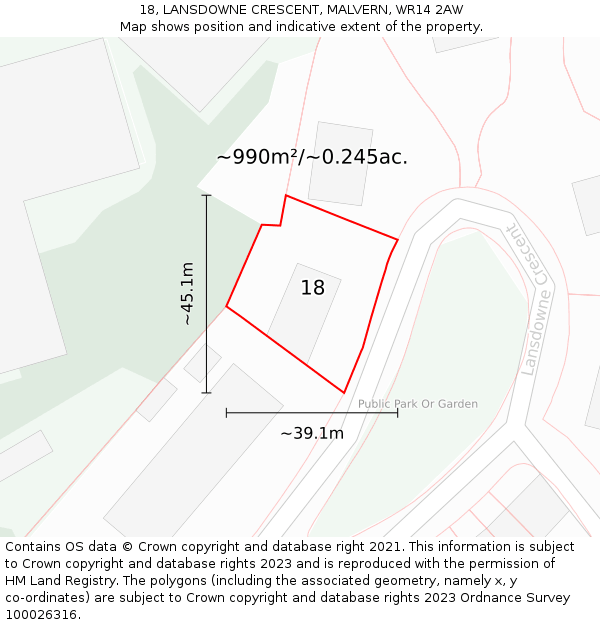 18, LANSDOWNE CRESCENT, MALVERN, WR14 2AW: Plot and title map