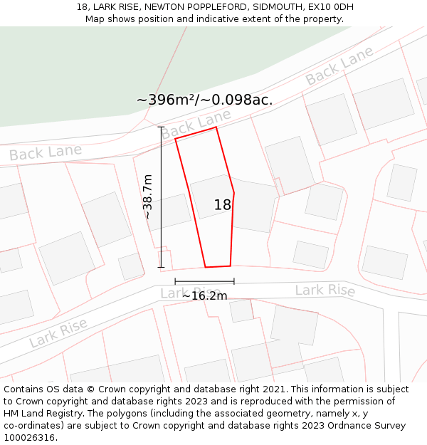 18, LARK RISE, NEWTON POPPLEFORD, SIDMOUTH, EX10 0DH: Plot and title map