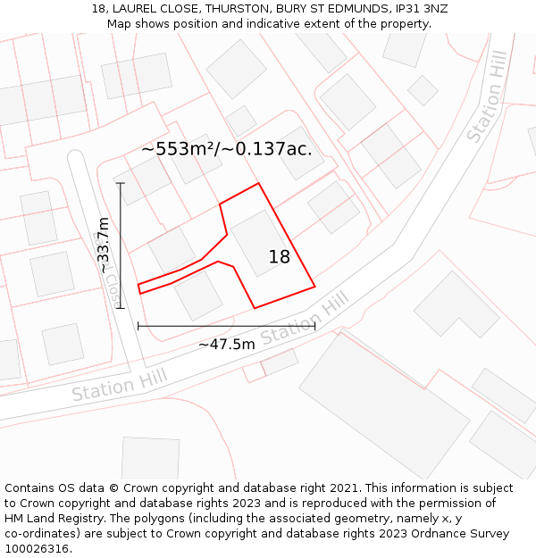 18, LAUREL CLOSE, THURSTON, BURY ST EDMUNDS, IP31 3NZ: Plot and title map