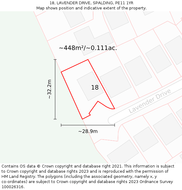 18, LAVENDER DRIVE, SPALDING, PE11 1YR: Plot and title map