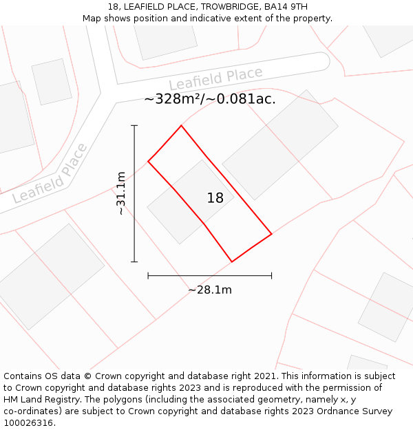 18, LEAFIELD PLACE, TROWBRIDGE, BA14 9TH: Plot and title map