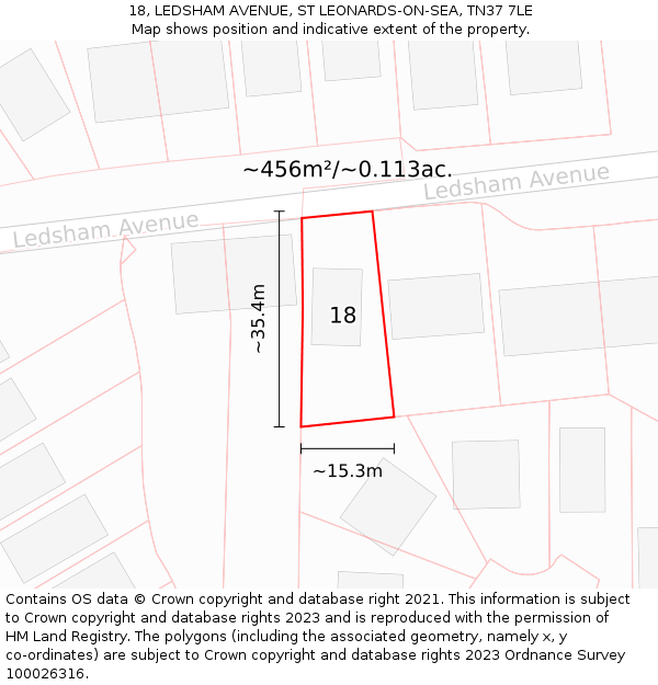 18, LEDSHAM AVENUE, ST LEONARDS-ON-SEA, TN37 7LE: Plot and title map