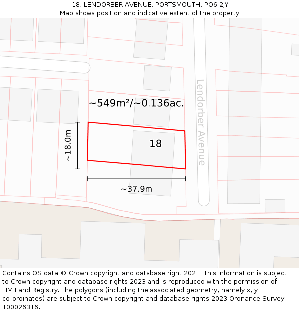 18, LENDORBER AVENUE, PORTSMOUTH, PO6 2JY: Plot and title map