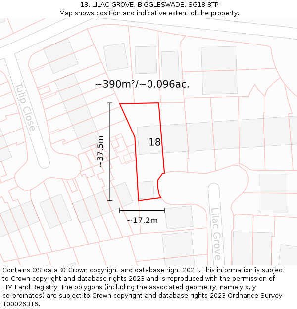 18, LILAC GROVE, BIGGLESWADE, SG18 8TP: Plot and title map