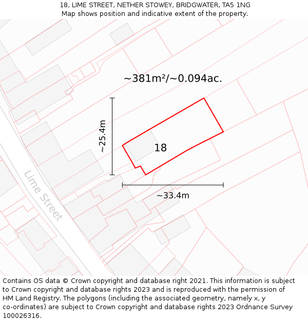 18, LIME STREET, NETHER STOWEY, BRIDGWATER, TA5 1NG: Plot and title map