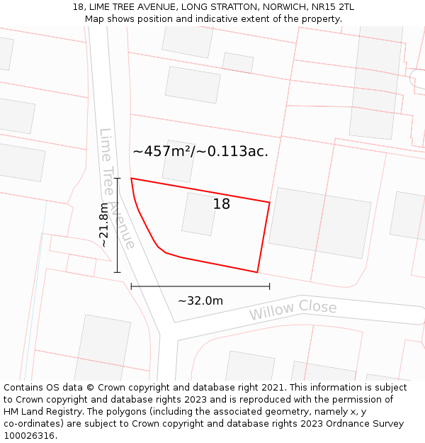 18, LIME TREE AVENUE, LONG STRATTON, NORWICH, NR15 2TL: Plot and title map