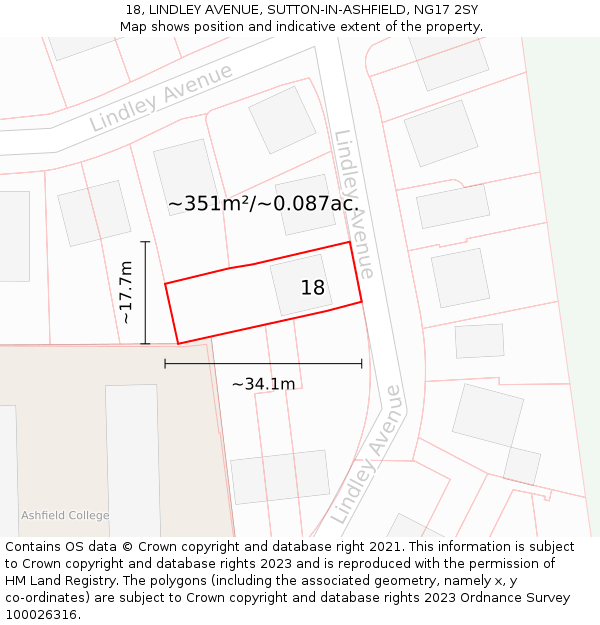 18, LINDLEY AVENUE, SUTTON-IN-ASHFIELD, NG17 2SY: Plot and title map